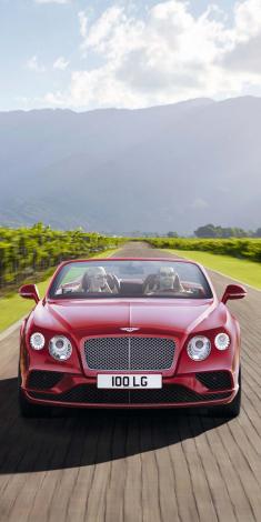 Front side view of Bentley Continental GTC with two passengers in view, driving along green road.