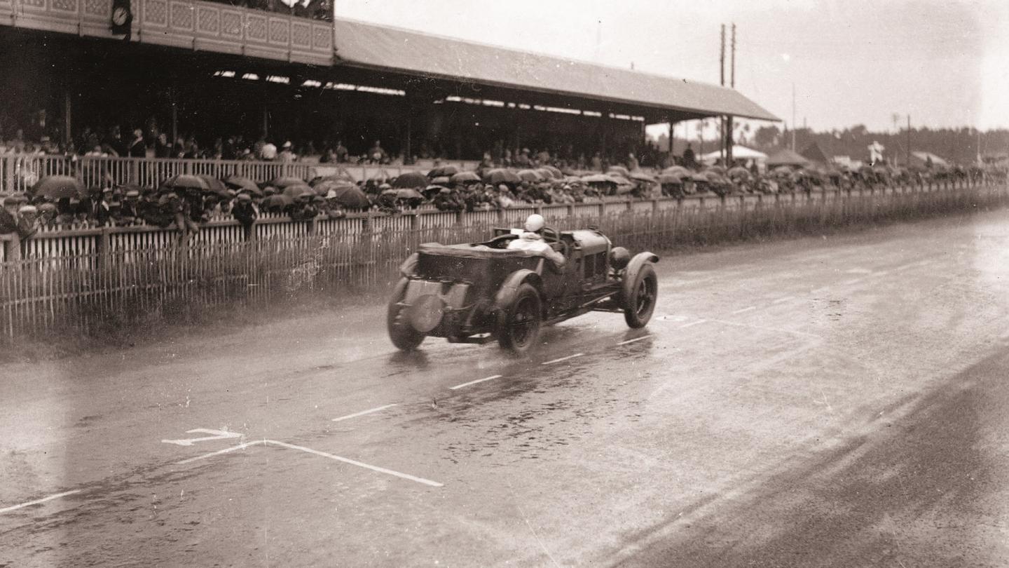Woolf Barnato crossing the finishing line in his Bentley 6 1/2 Litre to take victory at the 1930 running of Le Mans
