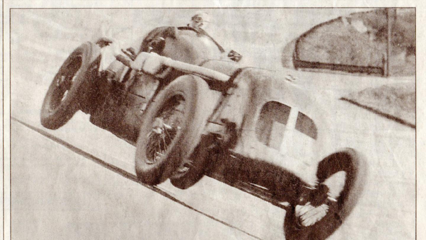 Margaret Allen on the banking at Brooklands circuit taking her first victory at the infamous racing circuit