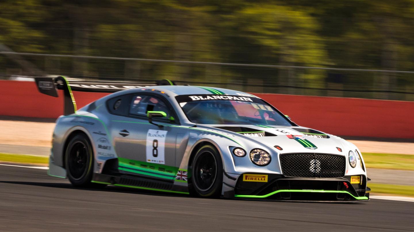 A second generation Bentley Continental GT3 race car decelerating at Bathurst Race Circuit