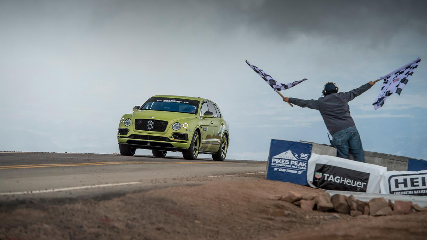 The Bentley Bentayga Pikes Peak production car crossing the finishing line