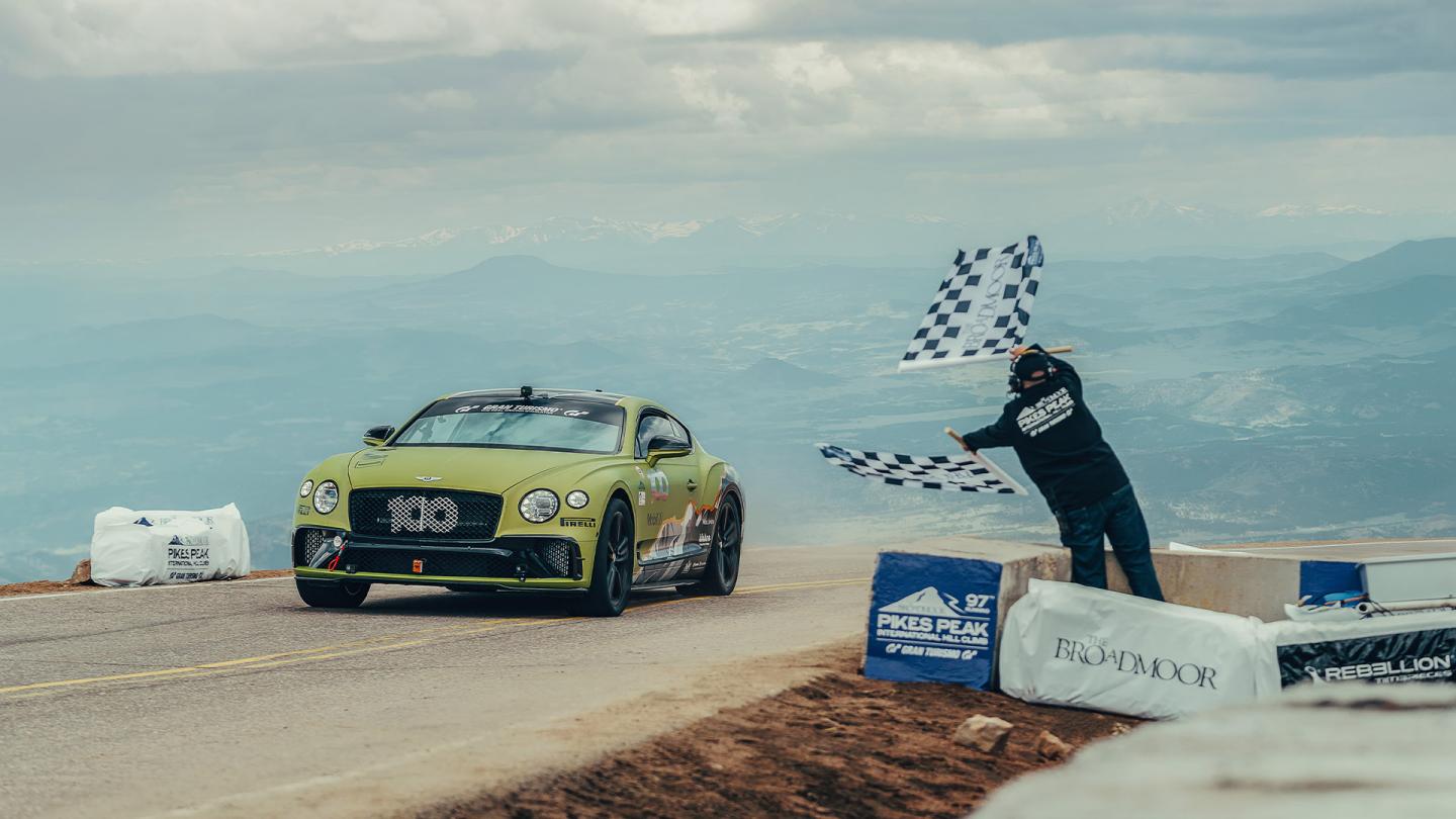 The Pikes Peak Bentley Continental GT crossing the finishing line