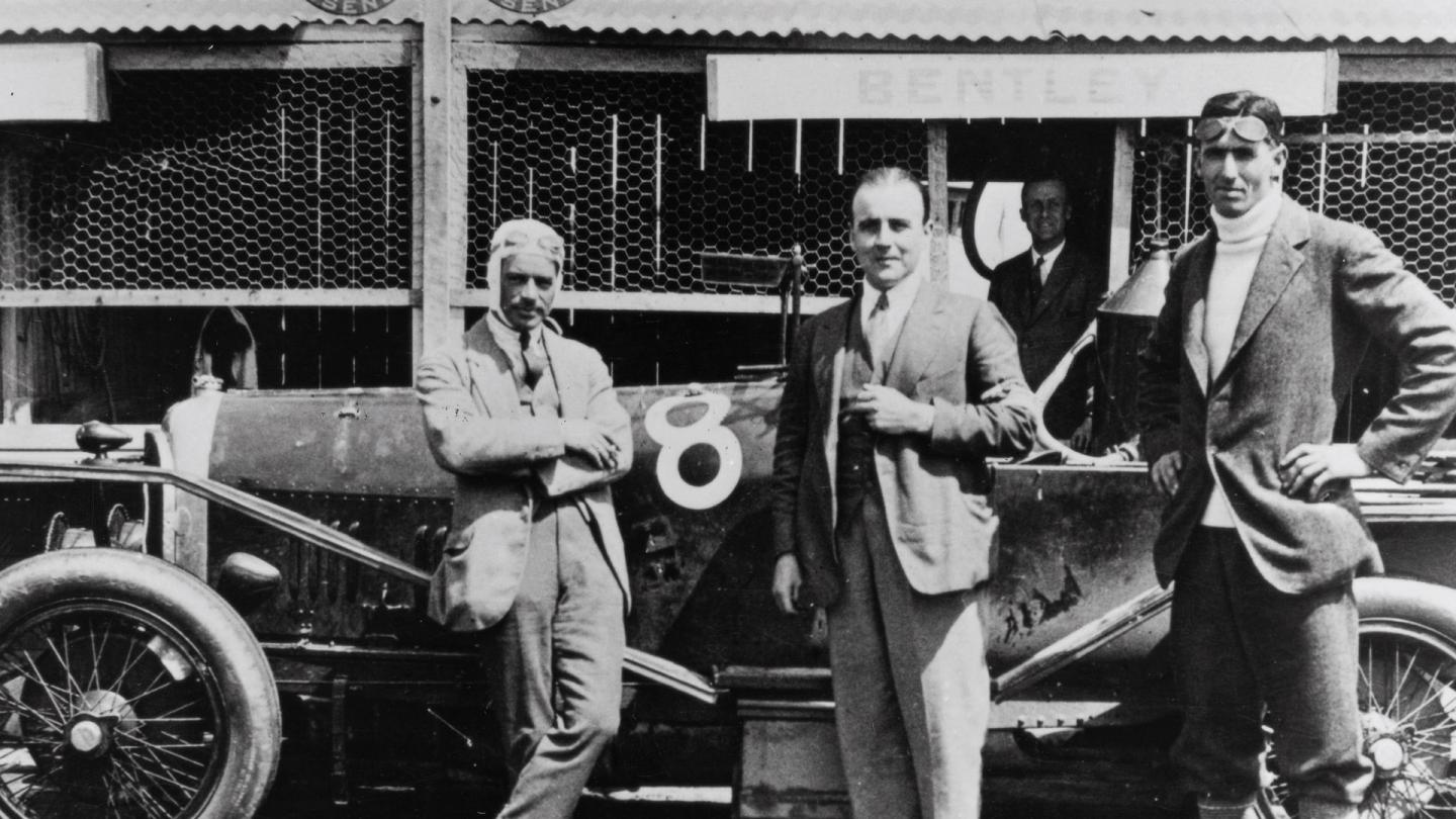 Frank Clement with W.O. Bentley stood in front of a Bentley 3 Litre at Le Mans in 1923