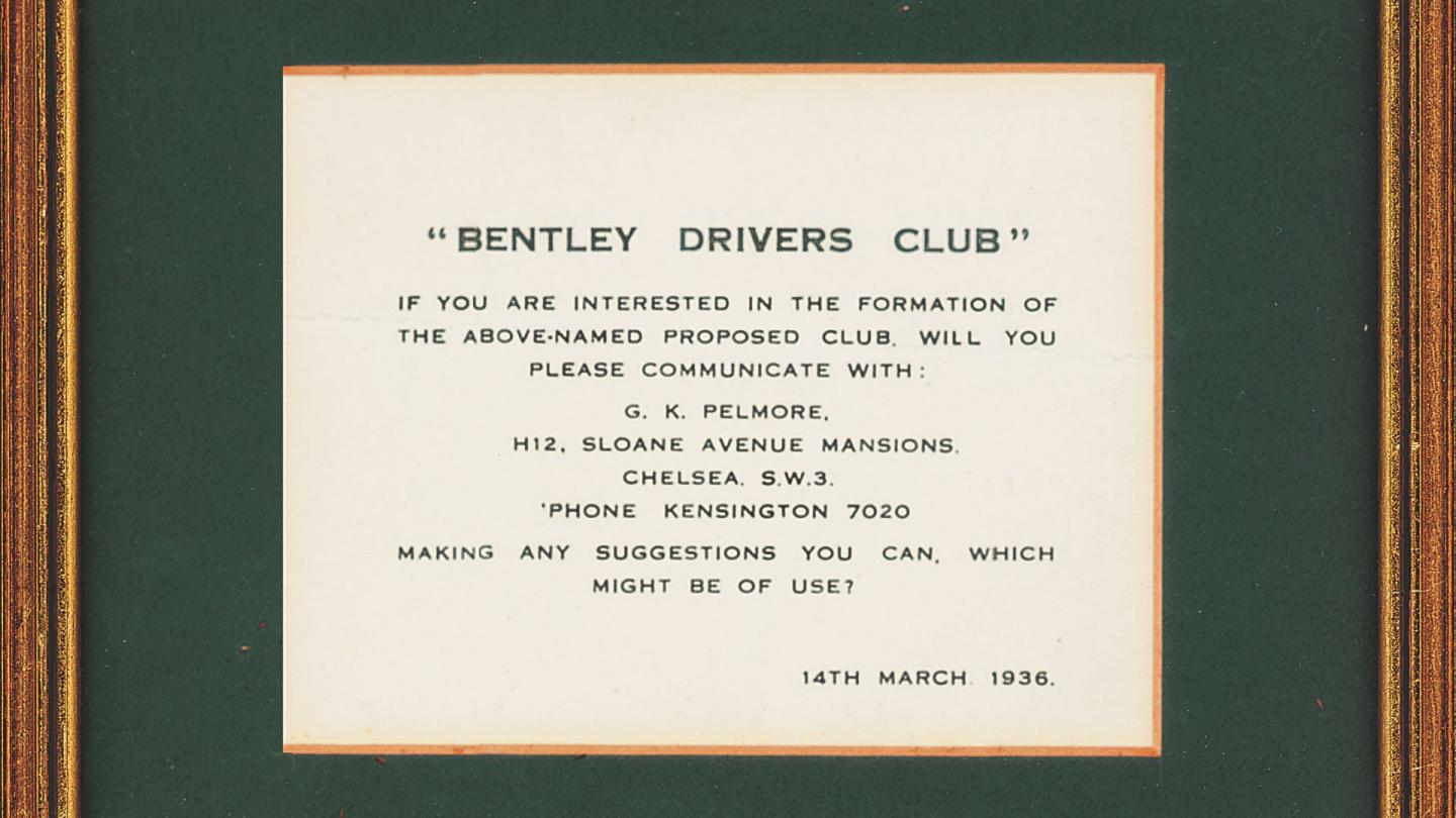 Bentley Drivers Club invite that was placed by Keston Pelmore on the windshields of Bentleys in the Brooklands car park, thus founding the Bentley Drivers Club
