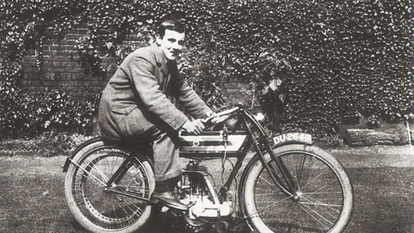 W.O. Bentley sat on his Rex motorcycle which he would use to compete in the Isle of Man TT