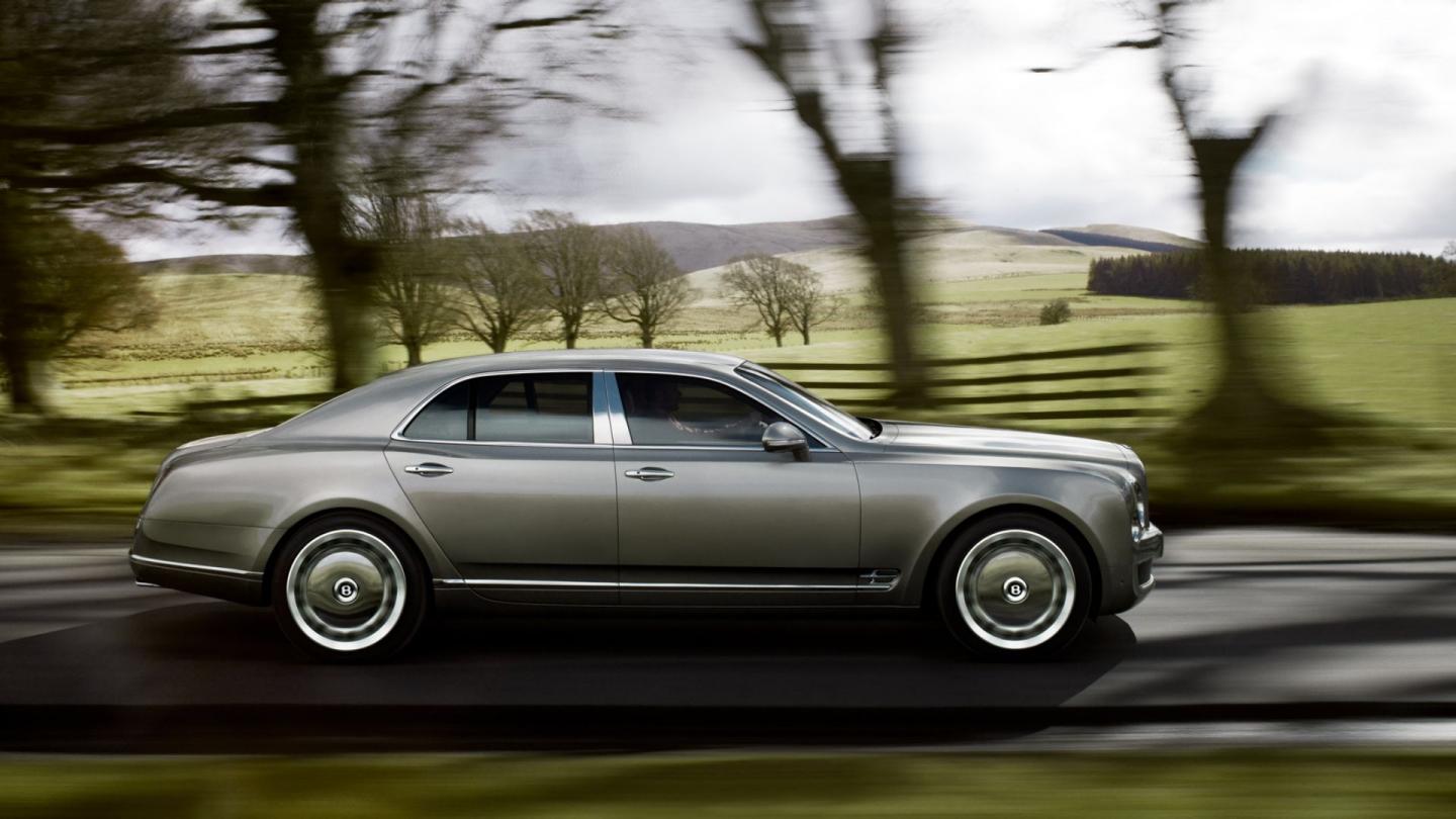 A second generation Bentley Mulsanne driving on a country road in England