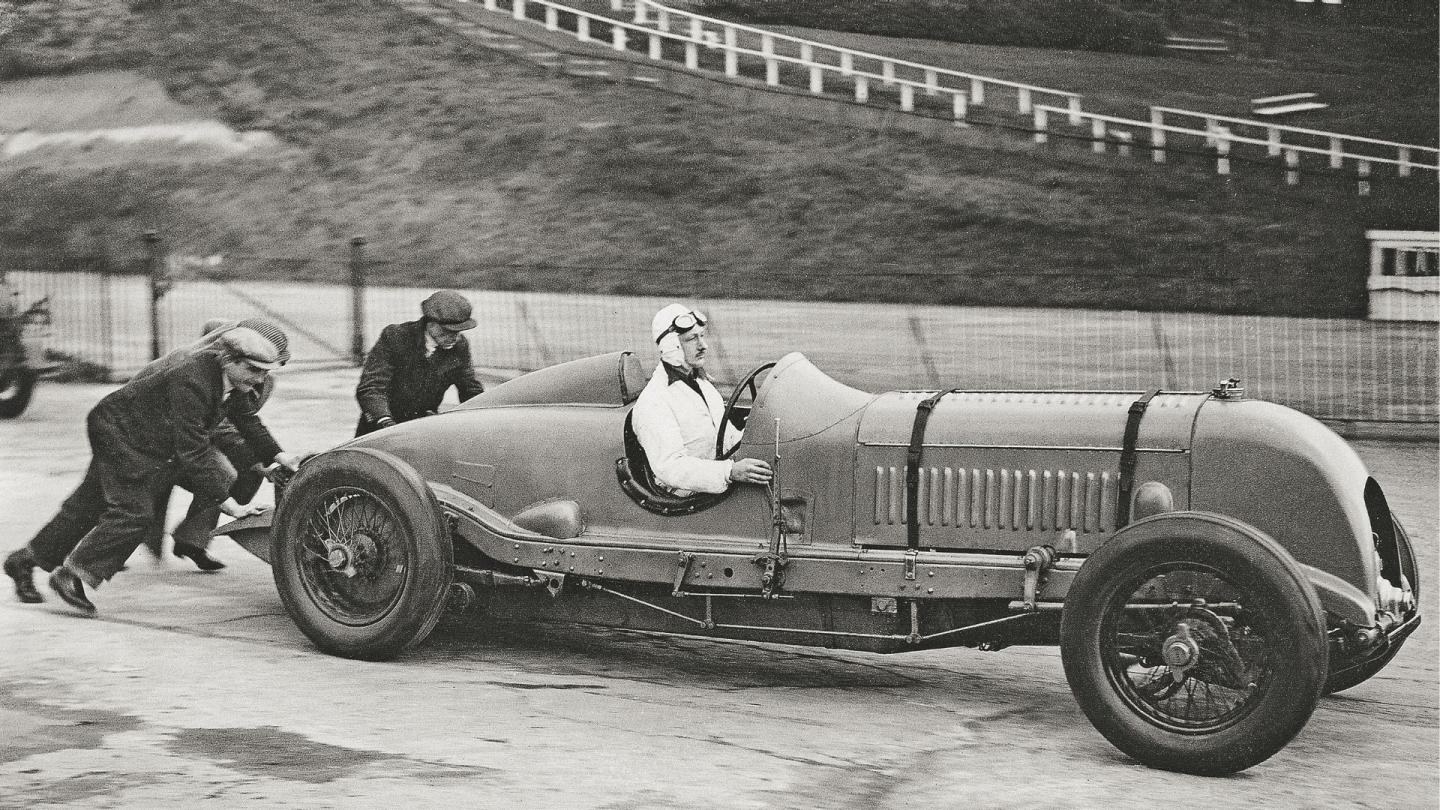 Tim Birkin in race going Bentley Blower with an aerodynamic body preparing for the French Gran Prix