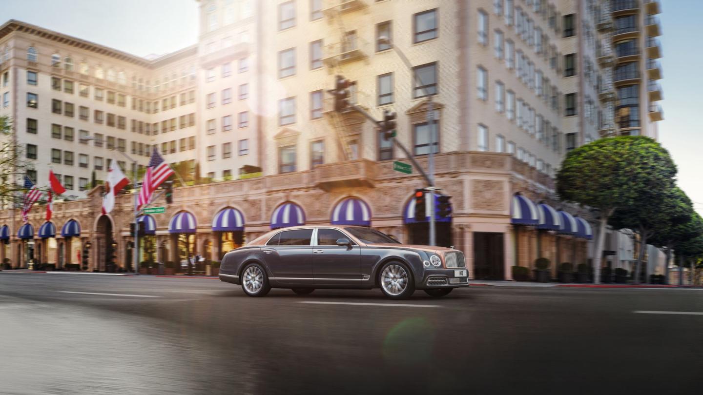 A side profile product launch photograph featuring a duo tone extended wheelbase Mulsanne