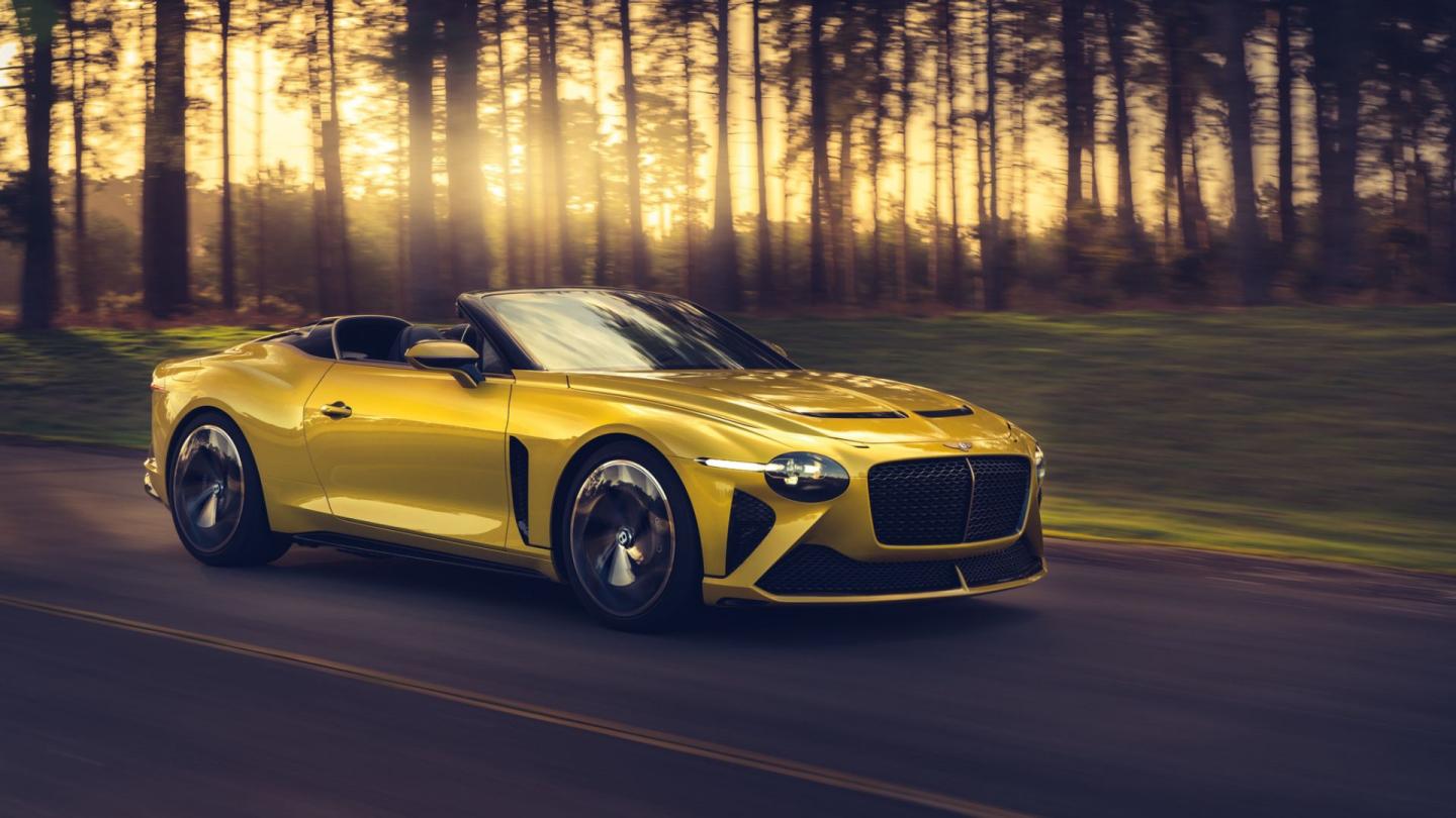 The extremely limited Bentley Bacalar in sunbeam yellow driving on a rural country road