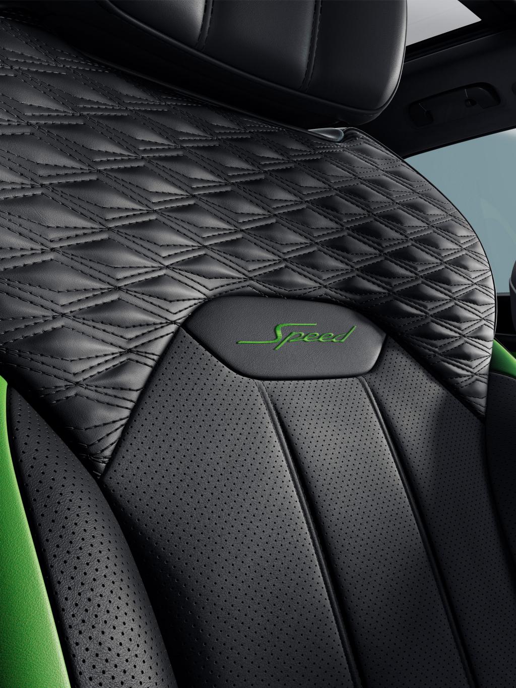 Front Seat with Speed emblem embroidery including Hyper Green main hide and Beluga secondary hide with precession diamond quilting and Speed colour split.