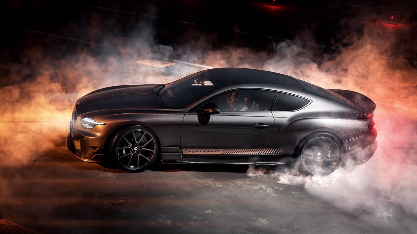 Side profile of a Bentley Supersports doing a rolling burn out on a airstrip