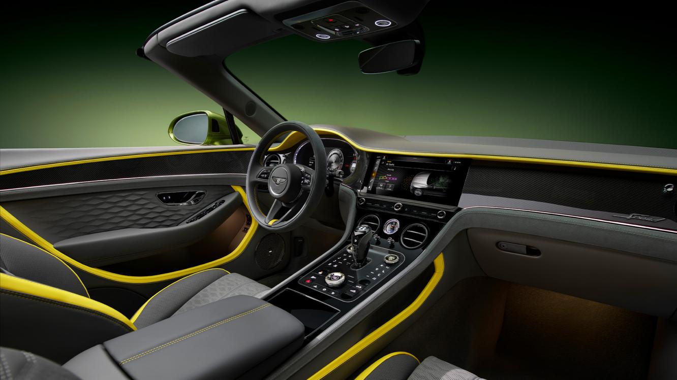 Cross cabin view of the new Bentley Continental GTC Speed featuring Gravity Grey main hide and Hyper Yellow secondary hide