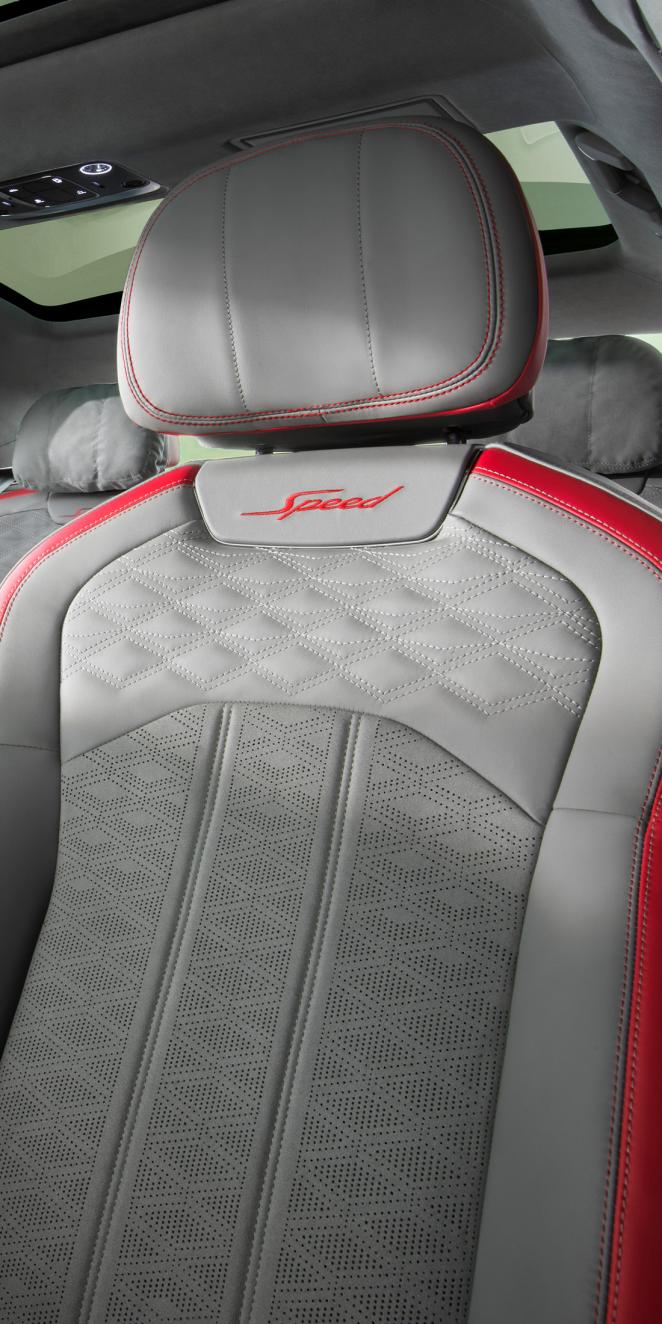 Close up of the new Bentley Flying Spur Speed's seats with detailed contrast stitching and Speed Emblems