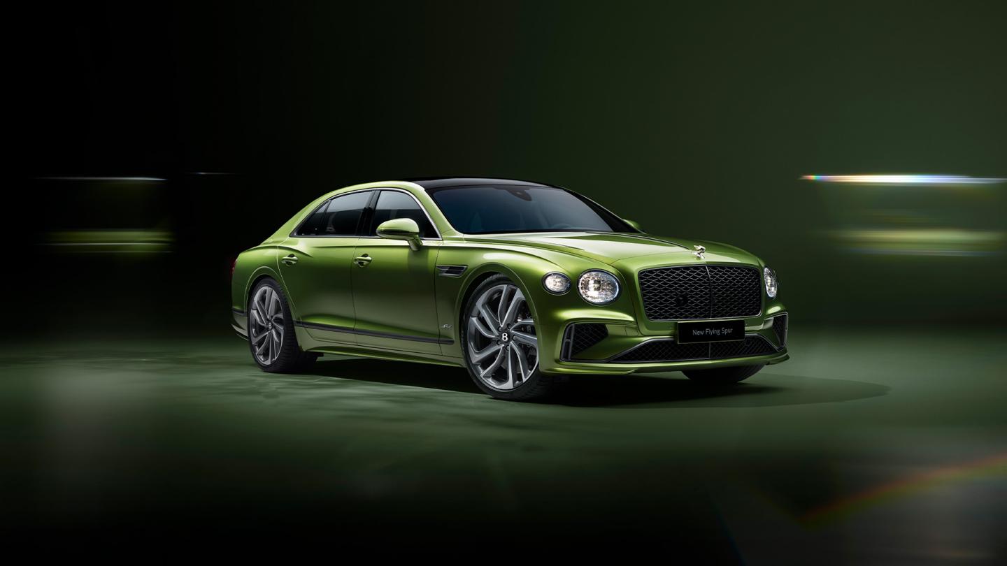 Front side angled view of the new Bentley Flying Spur Speed Tourmaline Green