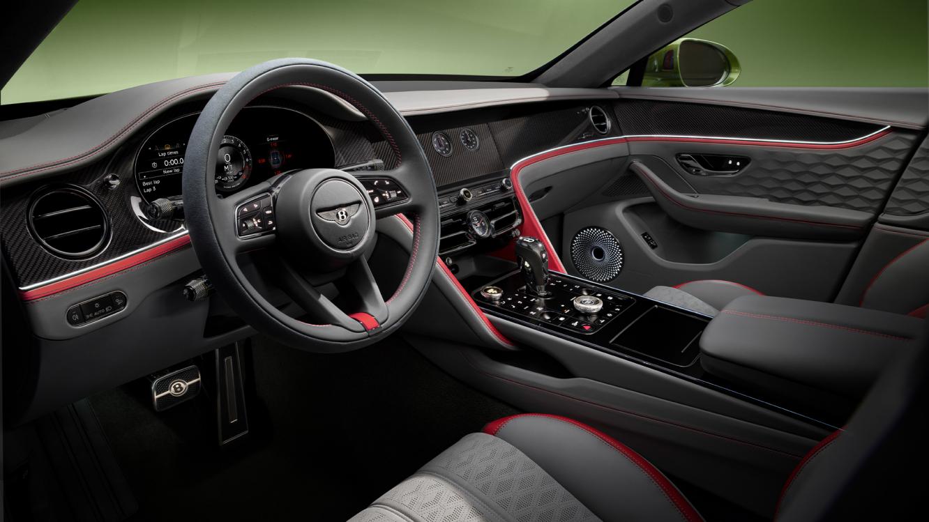 New Bentley Flying Spur Speed's front cabin with detailed contrast stitching and Speed Emblems
