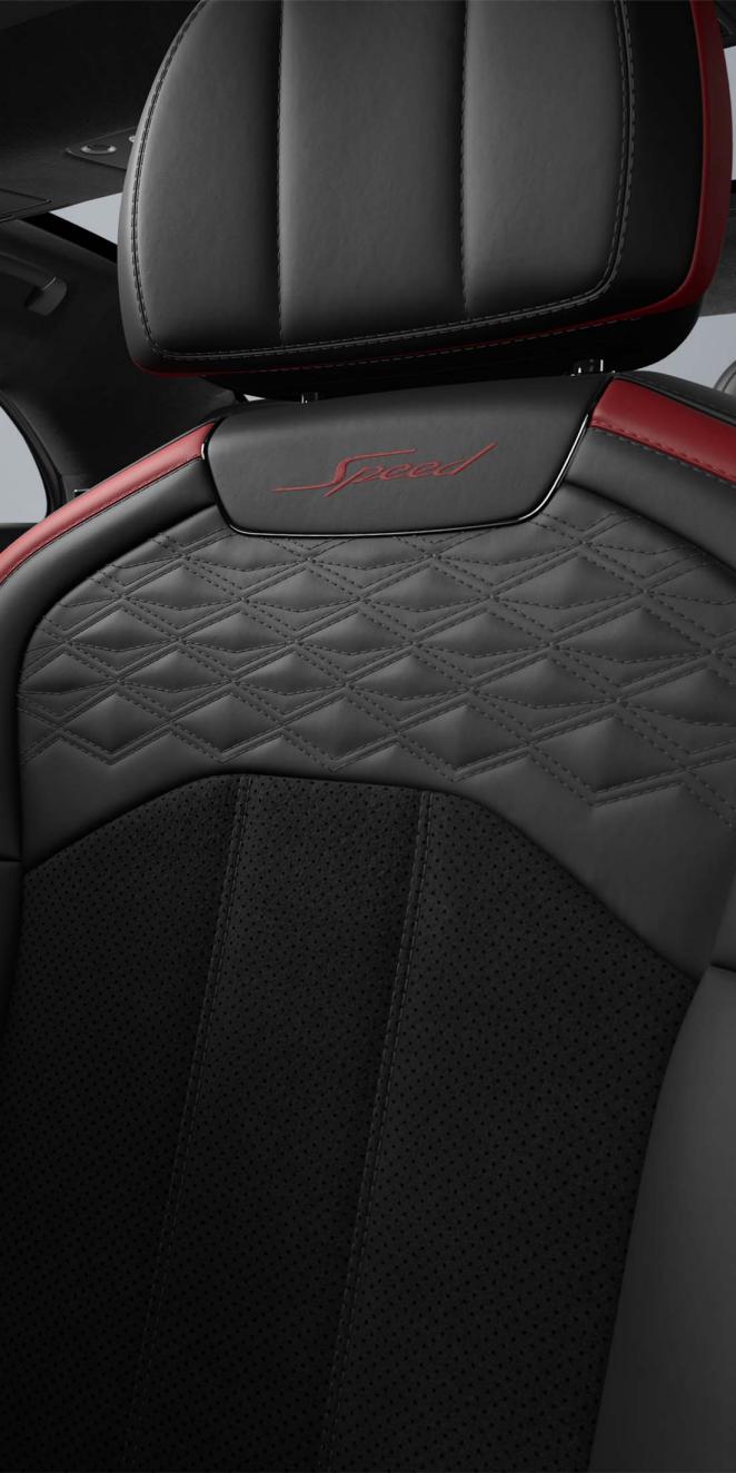 Close up of the Bentley Flying Spur Speed driver's seat in Hotspur and Beluga.