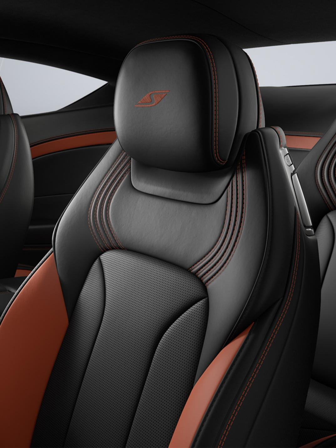 Close up of the drivers seat in Beluga main hide and Hotspur secondary hide with S seat flutting and badging on the headrest