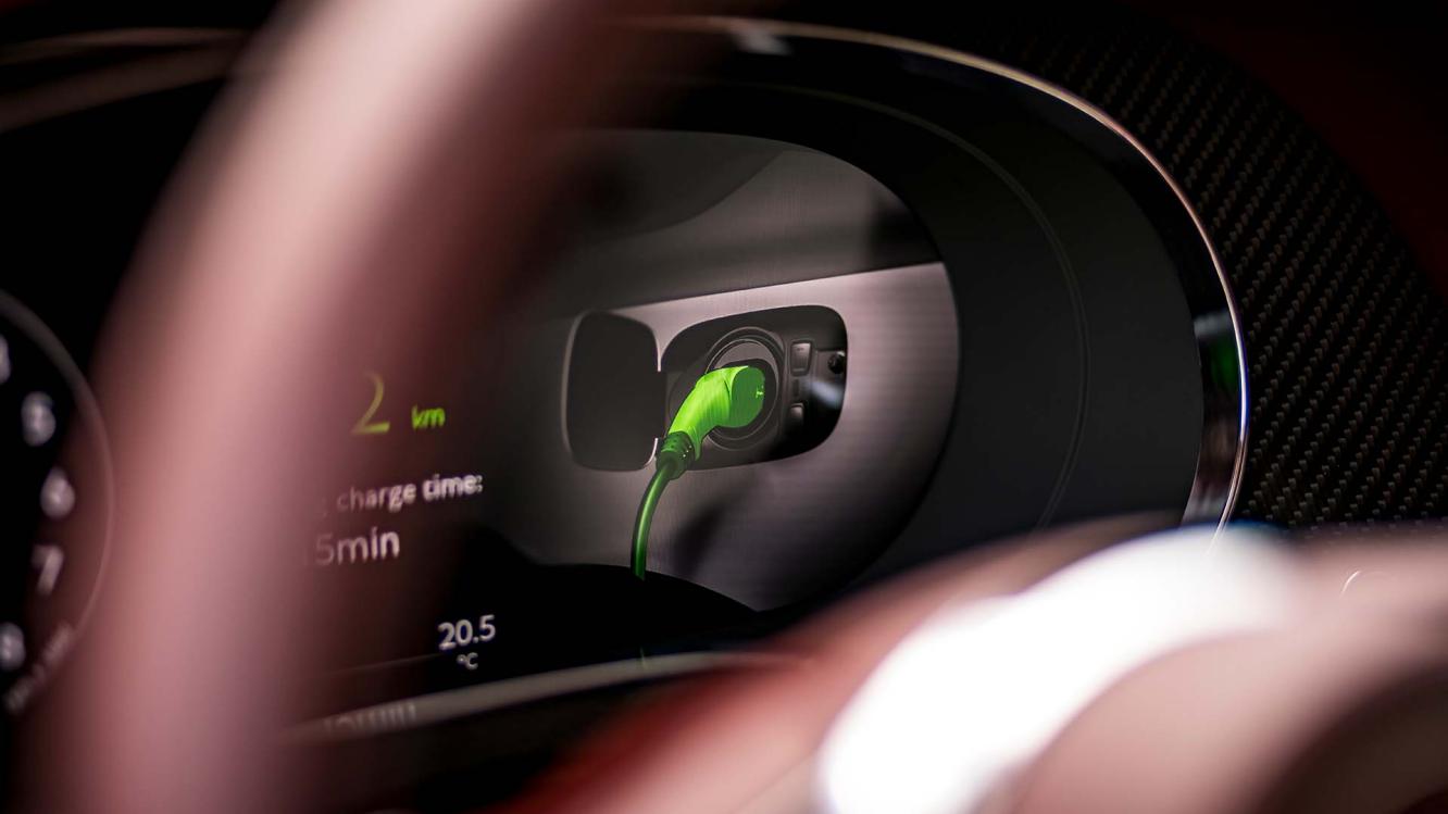 View of a Hybrid Bentley's Digital dashboard showing total time to full battery charge.